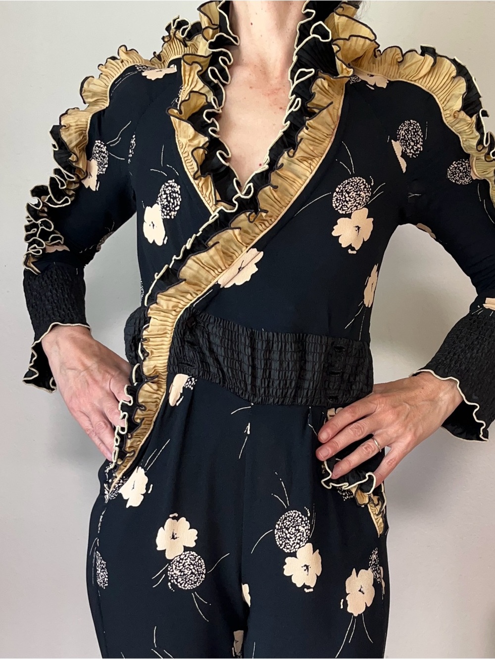 VTg Jeanne Marc Jumpsuit 80s Floral Size Small/Petite Black